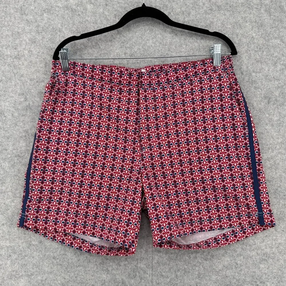 Fair Harbor The Sextant Geometric Swim Trunks Men's Size 34 Red Blue Side Stripe